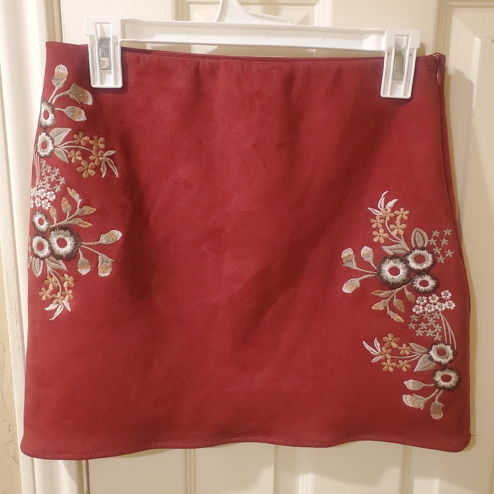 Miami Red Mini Skirt with Floral Embroidery